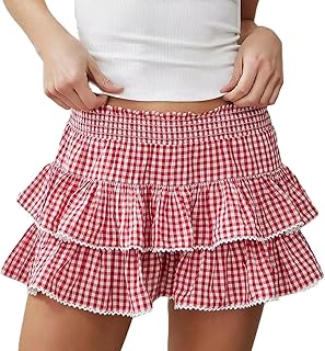 Mrugneni Gingham Tiered Ruffle Mini Skirt, Check Pattern, Elastic Waist with Lace Trim