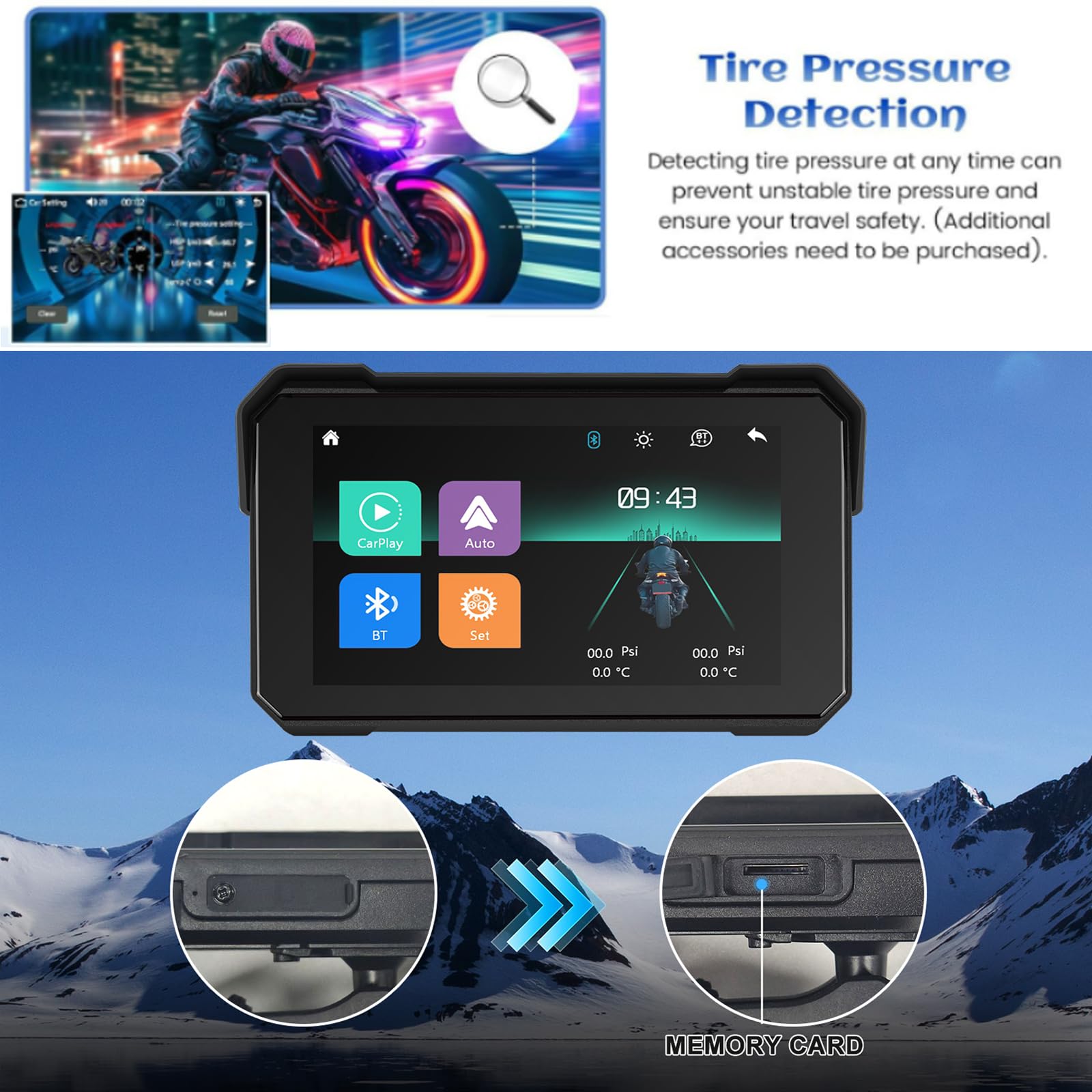 Écran GPS Carplay pour Moto, écran Carplay Android Auto sans Fil, Moto Android Auto Portable 5 Pouces Tactile étanche avec TF Bluetooth Navigation Siri
