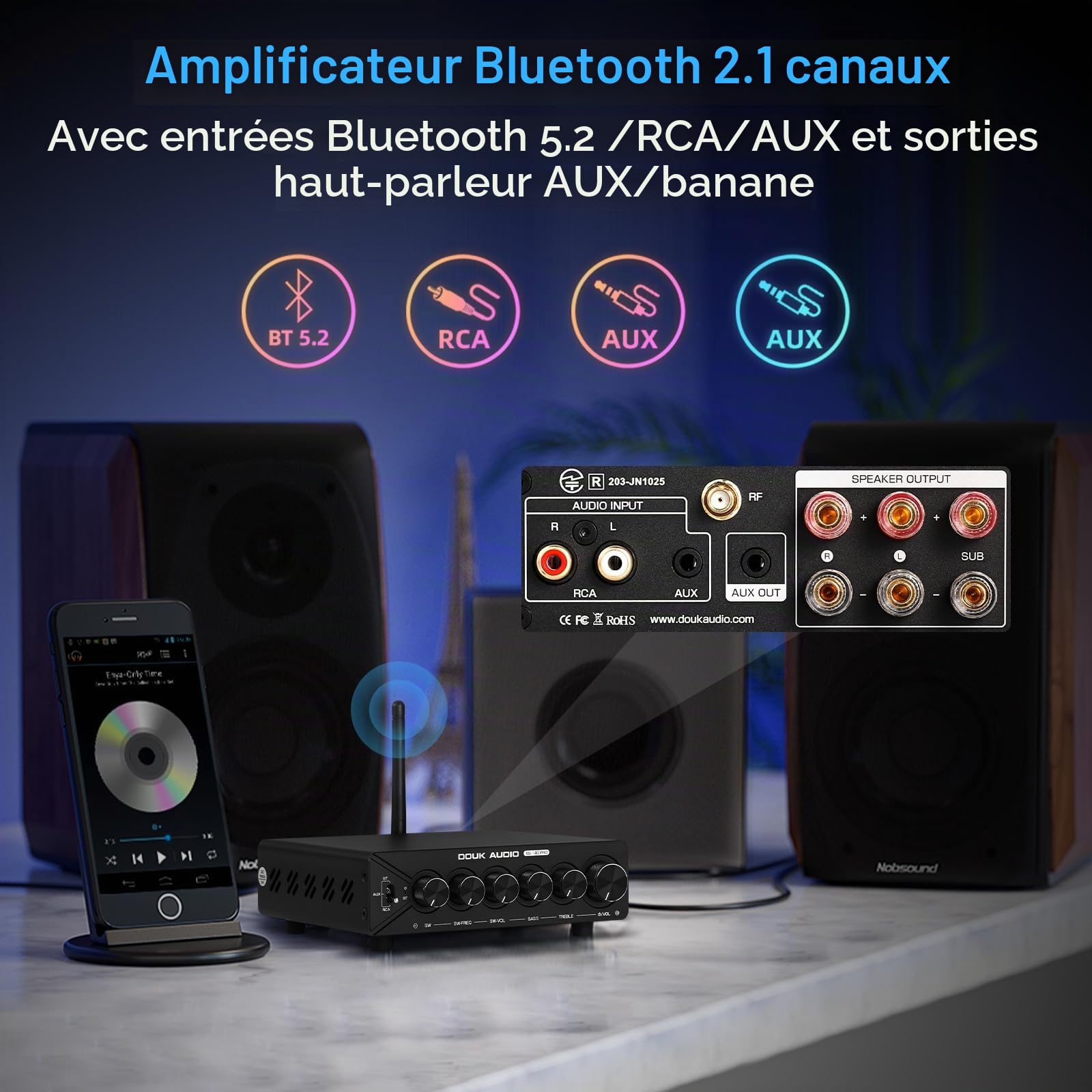 Douk Audio Amplificateur Bluetooth 2.1 canaux, Mini amplificateur HiFi avec puces TPA3255 300W x2+300W & Contrôle de la hauteur des basses, Récepteur audio pour haut-parleurs de bureau/extérieurs/Haut