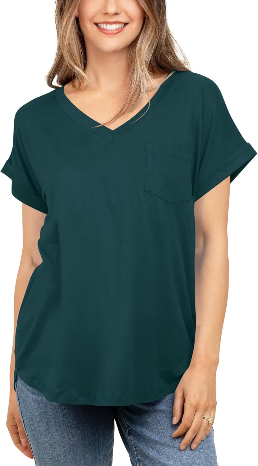 liher Women’s Summer Casual V Neck Solid Color Basic Tees Rolled Up Short Sleeve T Shirt Top