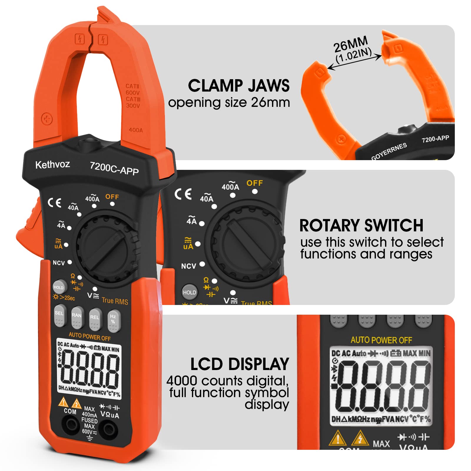 Bluetooth Stromzange Clamp Meter, Kethvoz 4000 Counts TRMS Zangenmultimeter Auto Range Messung 0-400A DC/AC Strom Spannung Ohm Kapazität Durchgang NCV, Digitale Zangenamperemeter