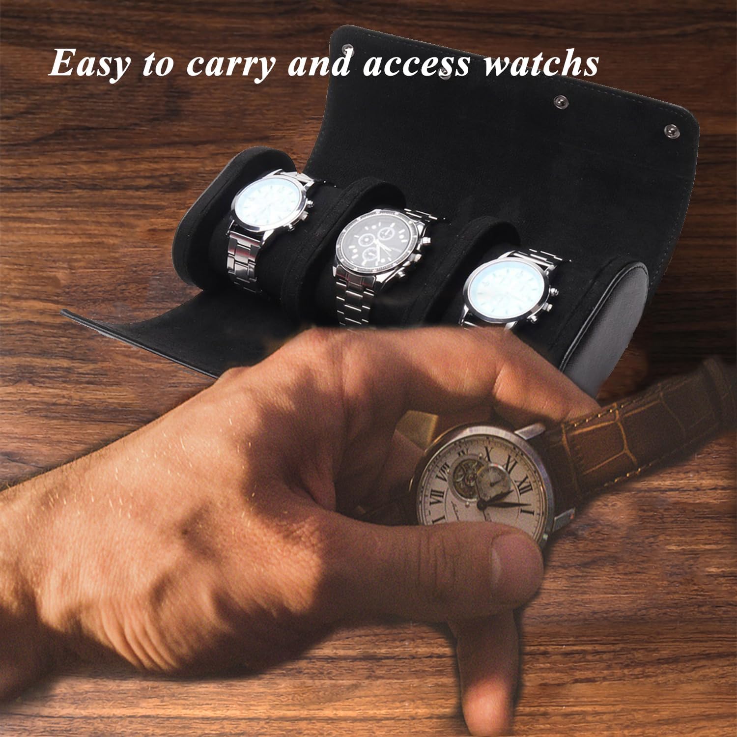 Watch Travel Case, Luxury Leather Watch Roll 3 Slot Organizer Box for Man and Woman, Jewelry Storage Case Gifts for Husband, Dad Birthday Christmas Anniversary (Black-3slot)