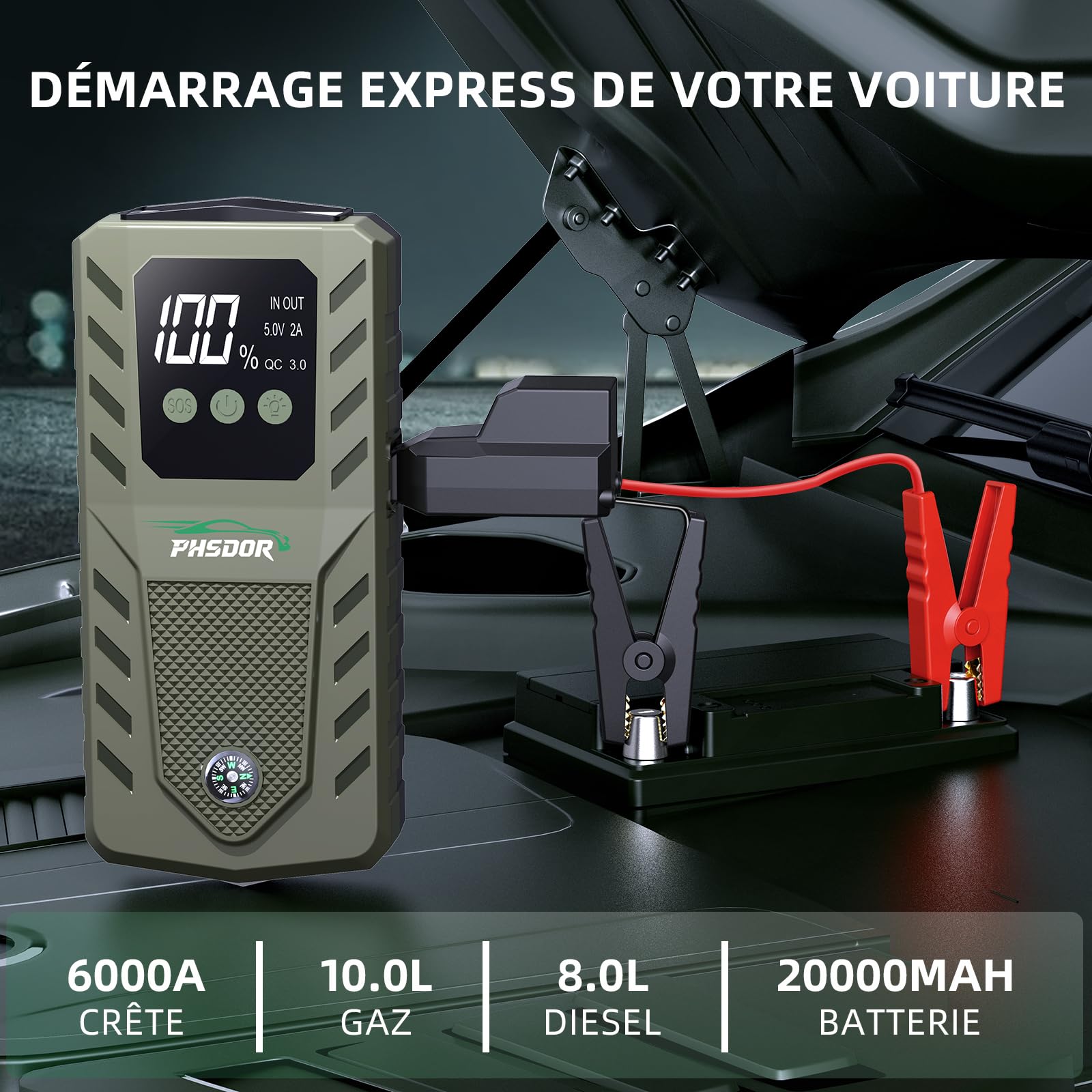 6000A Booster Batterie Voiture, 20000mAh Booster de Batterie (10L Gaz/8L Diesel), 12V Démarreur Batterie Voiture, Jump Starter avec Lumière LED