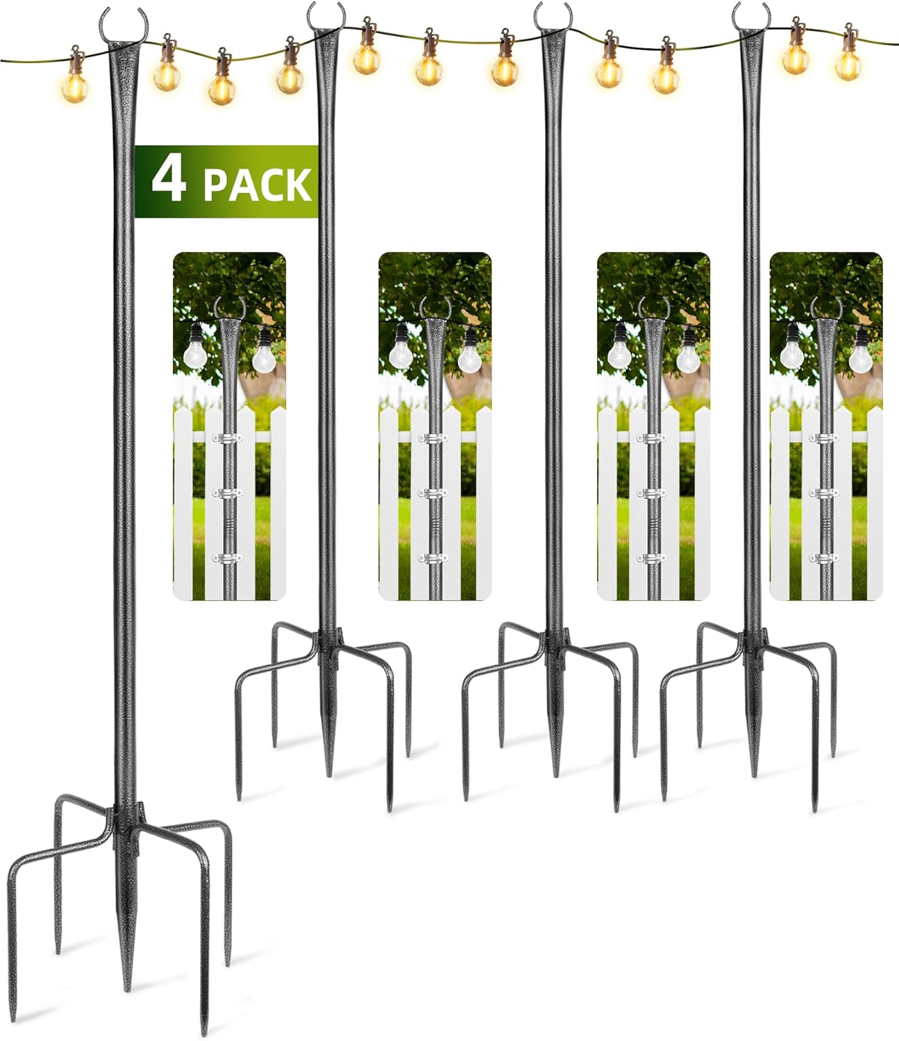 String Light Poles, 4 Pack 10ft Outdoor String Light Poles for Outside and Deck - Ideal for Patio, Garden, Yard, Front Porch Decorations, Frosted Silver