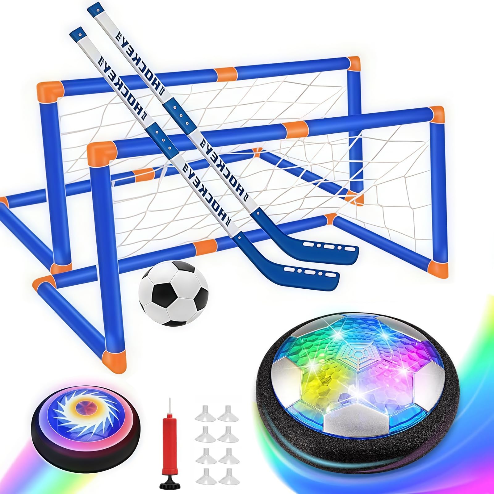 Muslecid 3-in-1 Hover Fußball Set mit 2 Toren & 2 Schlägern, LED Leuchtender Schwebender Ball und Fliegender Hockey Ball, Indoor Soccer Sport Spielzeug Geschenke für Kinder Jungen Mädchen 3+ Jahre