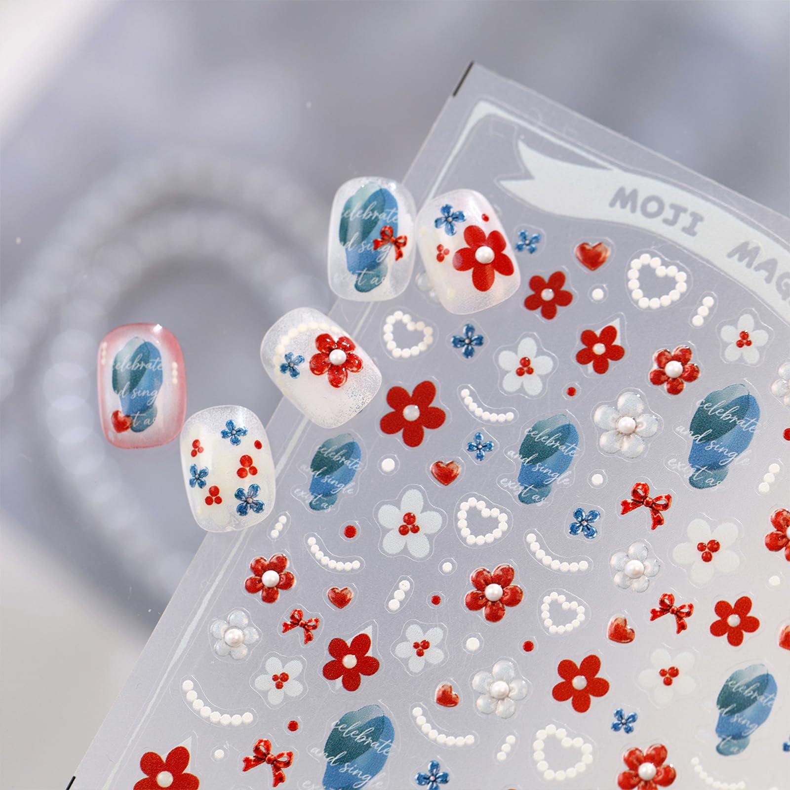 Red Flower Nail Stickers Decals Pearl Heart Design Nail Decals for Nail Art