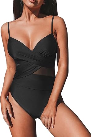 Hilor Womens Wrap One Piece Swimsuit V Neck Swimwear Surplice Mesh Tummy Control Bathing Suit