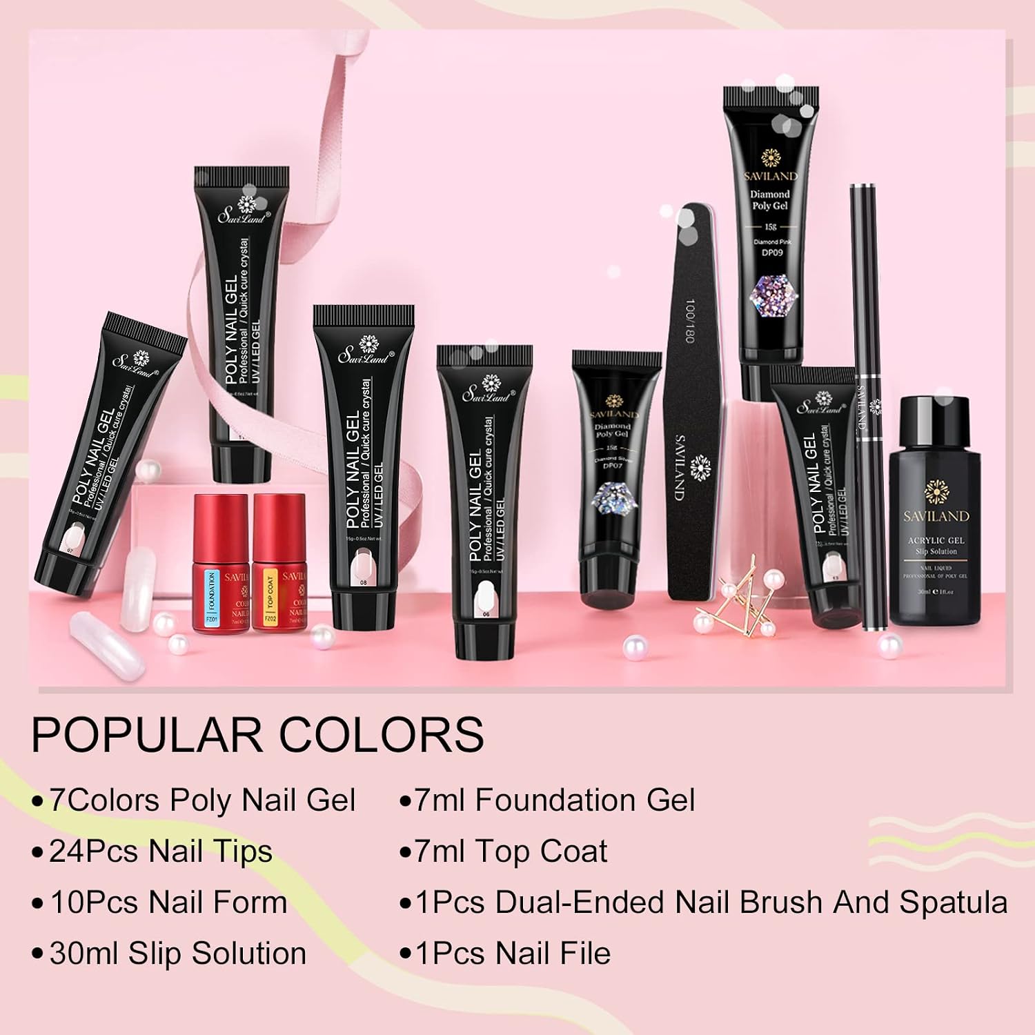 Saviland Nudes Poly Gel Nail Kit Glitter Poly Gel Nail 7 Colors Builder Nail Gel Nature Series Poly Nail Extension Gel Nail Enhancement Manicure Kit for Starter and Professional Nail Technician
