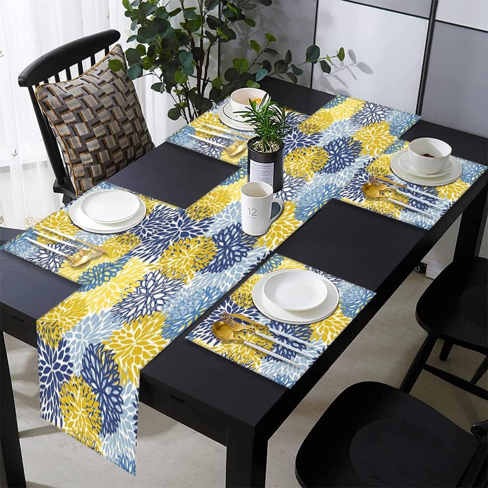 Cotton Linen Table Runner and Placemats Set of 6,Blue and Yellow Flowers Home Table Decor for Dining Farmhouse Wedding Party Holiday Dinner,13X70 Inches image 2