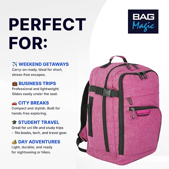Bordlite Travel Underseat Cabin Approved Backpack, Lightweight Travel Rucksack, Premium Carry on Bag, 40x20x25cm - Pink