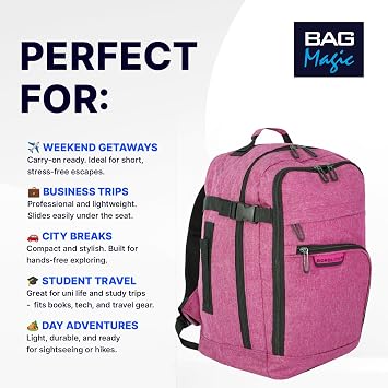 Bordlite Travel Underseat Cabin Approved Backpack, Lightweight Travel Rucksack, Premium Carry on Bag, 40x20x25cm - Pink