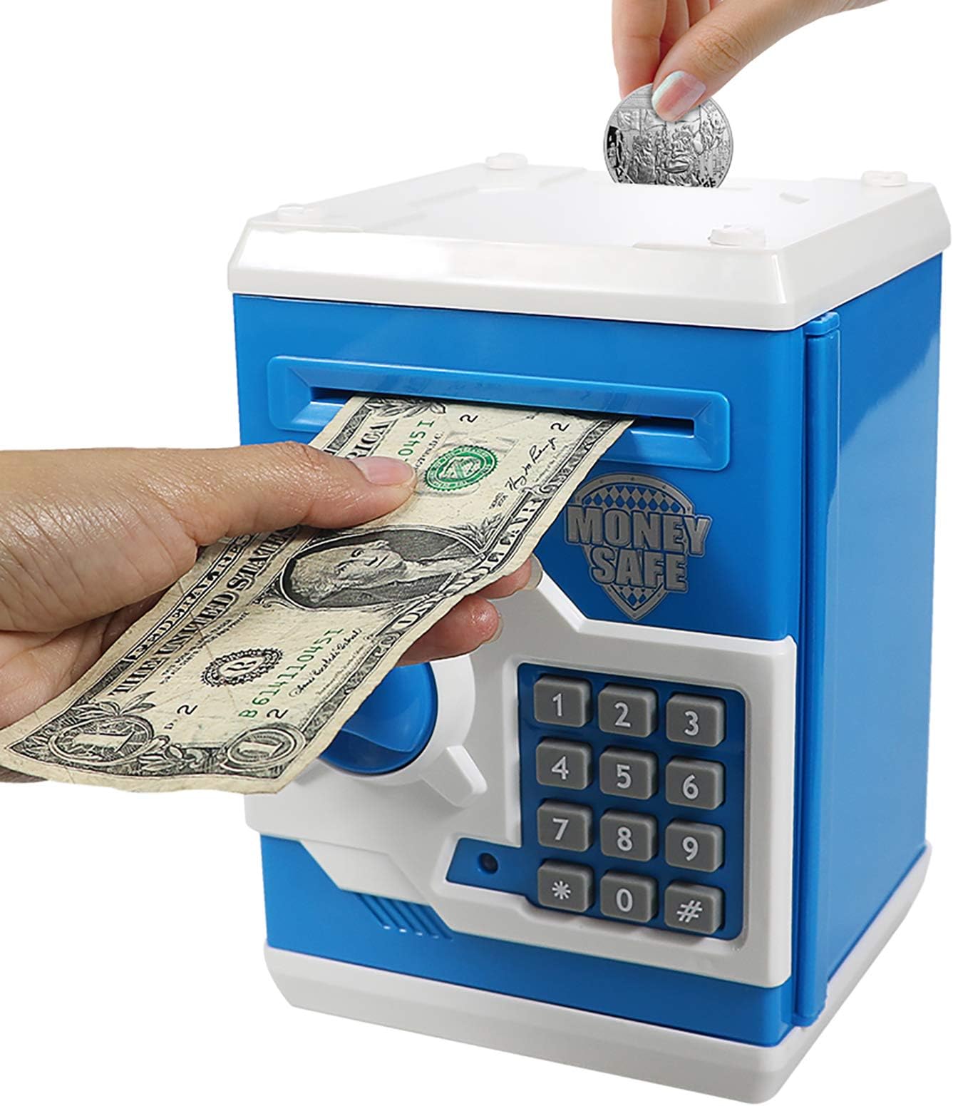 Cartoon Electronic ATM Password Piggy Banks New Great Gift Toy for Children Kids Can Auto Scroll Paper Money for Children Fun Toy (Blue)