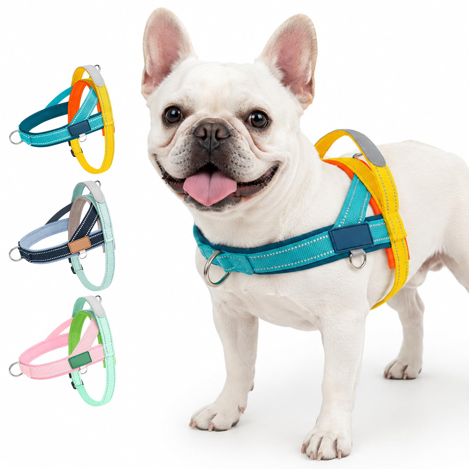 Olcyren No Pull Dog Harness, Adjustable Anti Pull Padded Puppy Harness with Handle, Reflective Breathable Lightweight Harness with Front Clips for Extra Small and Small Medium Dogs (Teal & Yellow, L)