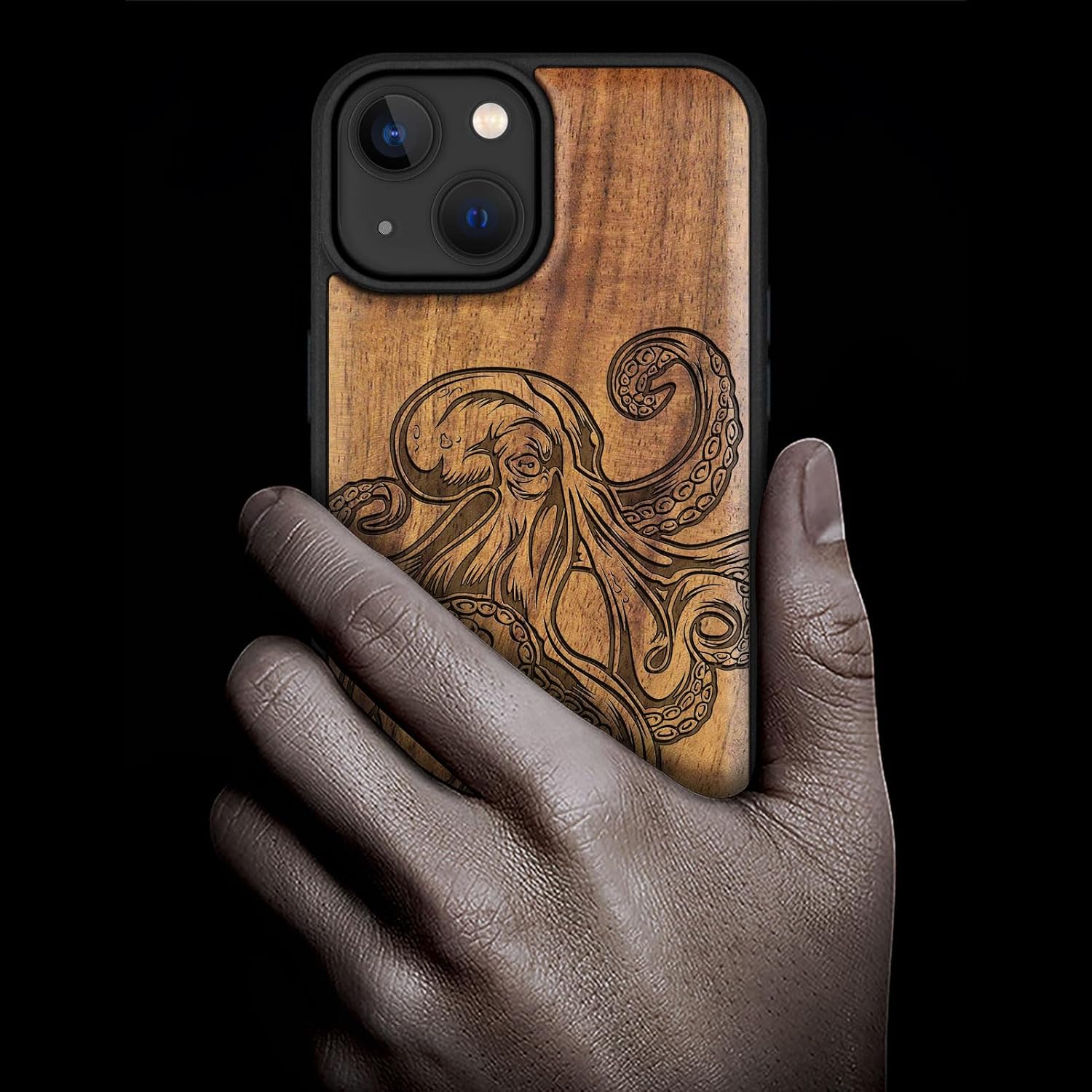 Carveit Magnetic Wooden Case for iPhone 15 Case, Compatible with MagSafe Wireless Chargers, Black Soft TPU Shockproof Cover & Wood Artisan Engraved (Octopus Drawing) - Walnut