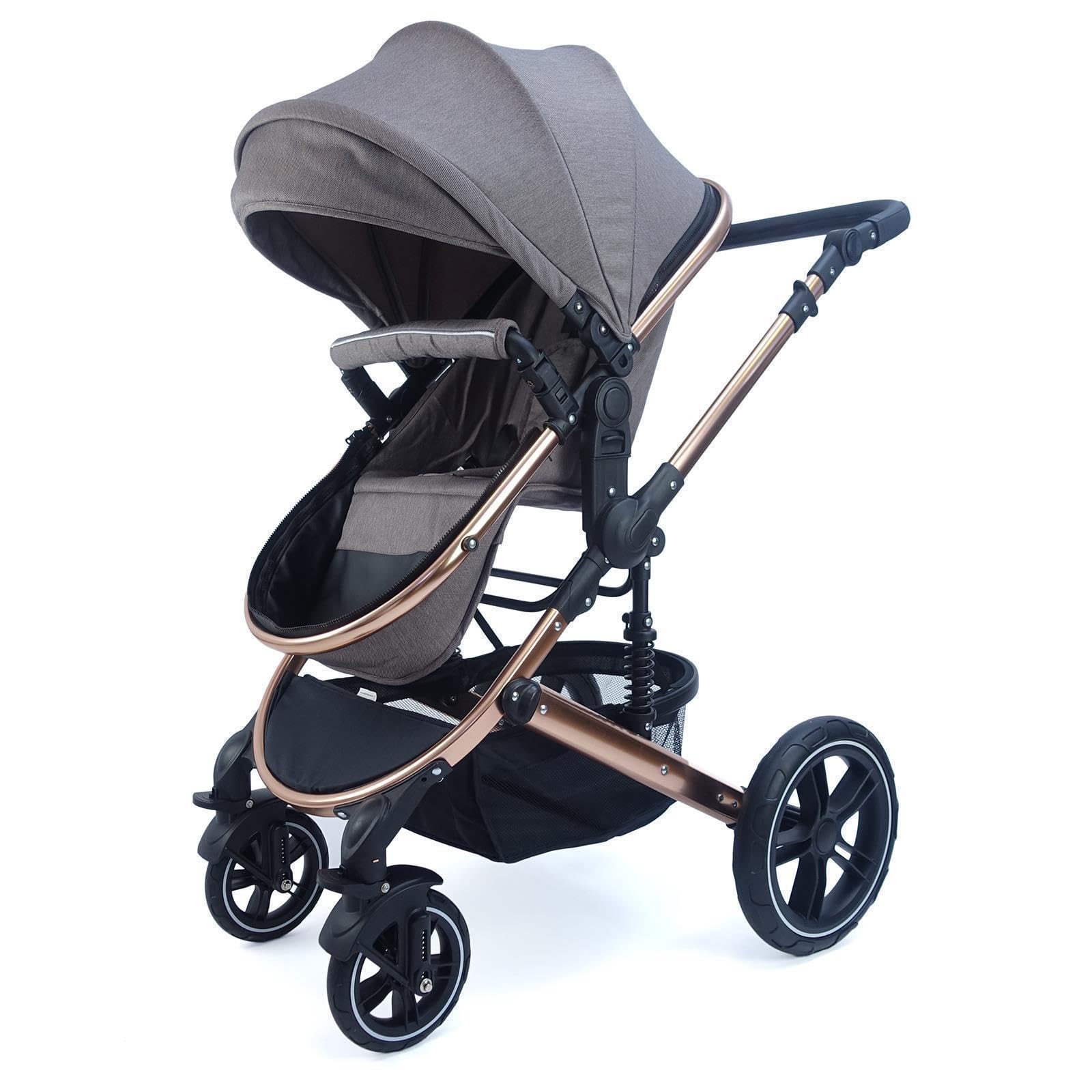 Pixini Neyla Kombi Kinderwagen mit Stoffwanne/Buggy/Wickeltasche/Getränkehalter/Regenplane/Mückennetz/Wickelauflage (gold/braun)