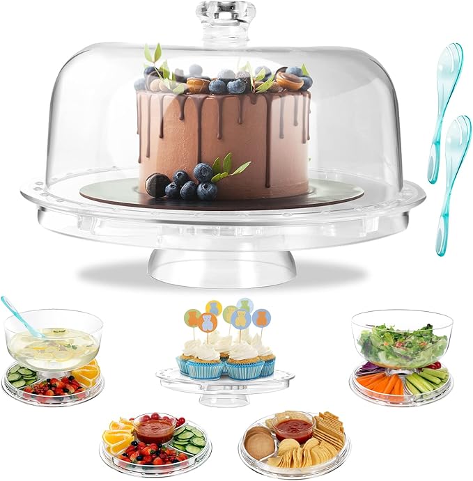OZD Cake Stand with Dome Lid, Clear Plastic Cake Stand, Multifunctional