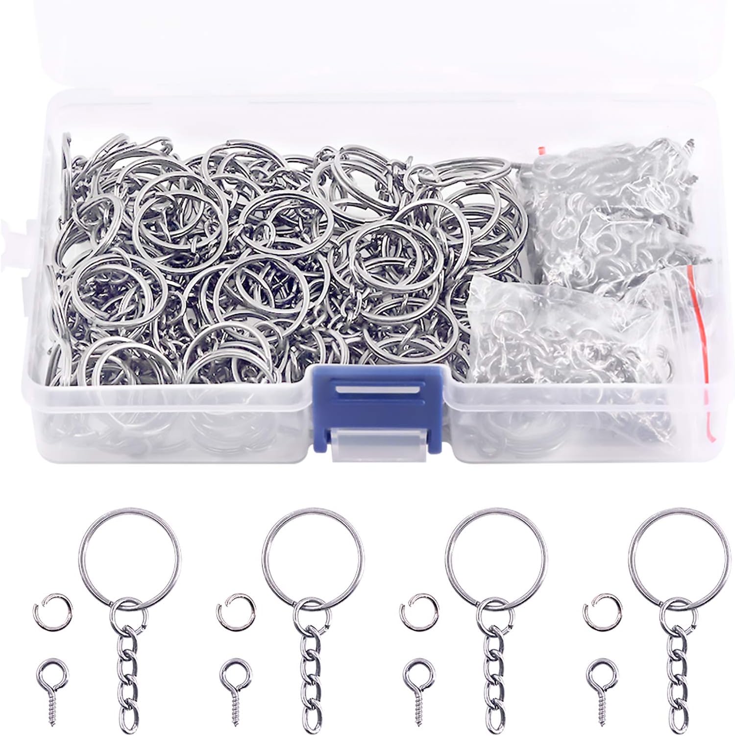 Swpeet 450Pcs 4/5" 20mm Sliver Key Chain Rings Kit, Including 150Pcs Keychain Rings with Chain and 150Pcs Jump Ring with 150Pcs Screw Eye Pins Bulk for Jewelry Findings Making (20mm, Sliver)