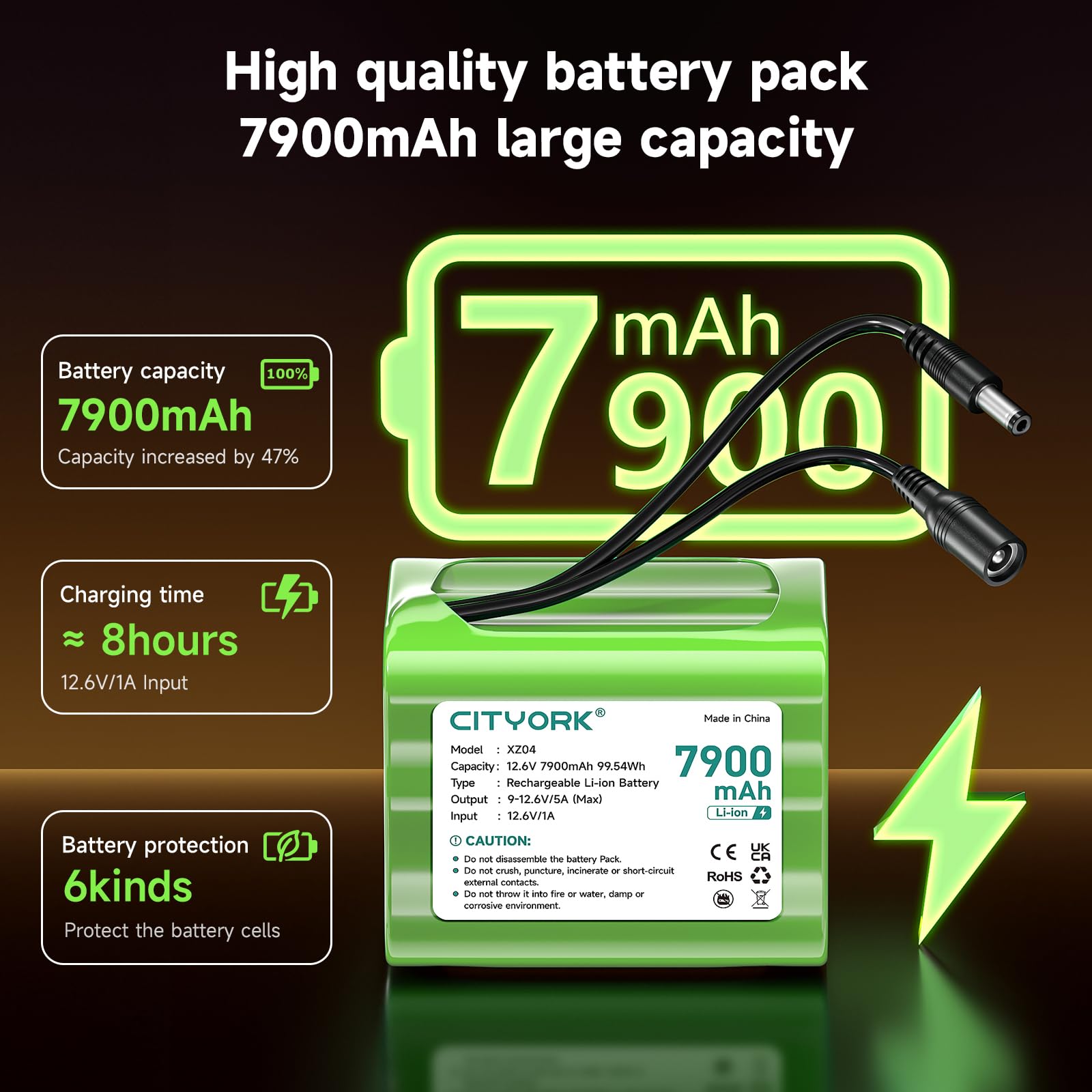 CITYORK Batería de litio recargable de 12,6 V 7900 mAh para faroles solares al aire libre, cámaras CCTV, cámaras digitales, videocámaras, reproductores de CD, dispositivos Bluetooth, radio, altavoz