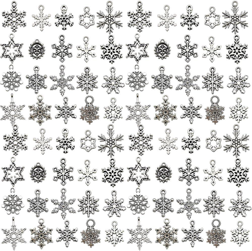 Youdiyla 80pcs Alloy Silver Christmas Snowflake Set Series Pendant Jewelry Making DIY Keychain Earrings Pendant Various Design Charms for Jewelry Making Bracelets Necklace (SN18)