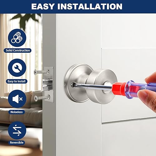 Miniatura 5 de Orger 1 paquete de pomos interiores de níquel satinado, perilla reversible de privacidad con cerradura, pomo redondo sin llave para baño y