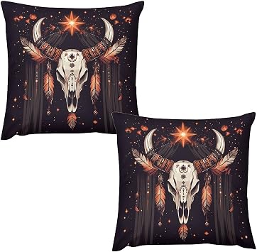 Indian Tribal Art Deco Throw Pillow Covers, Set of 2 Decorative Rustic Bull Skull Feather Cushion Cases for Sofa, Bed, Couch, Living Room Decor, 24x24 inch