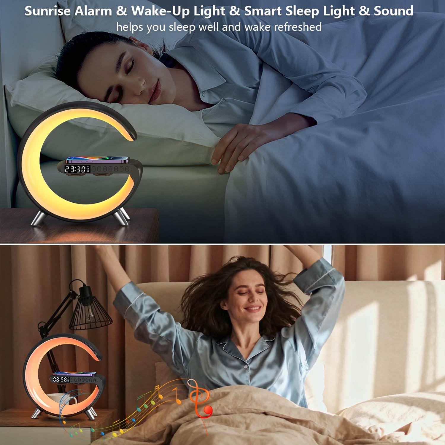 Lampe d'ambiance avec chargeur sans fil, mini haut-parleur sans fil avec réveil, haut-parleur Bluetooth avec lumière d'ambiance, lampe de chevet cadeau pour décoration d'intérieur, chambre à coucher