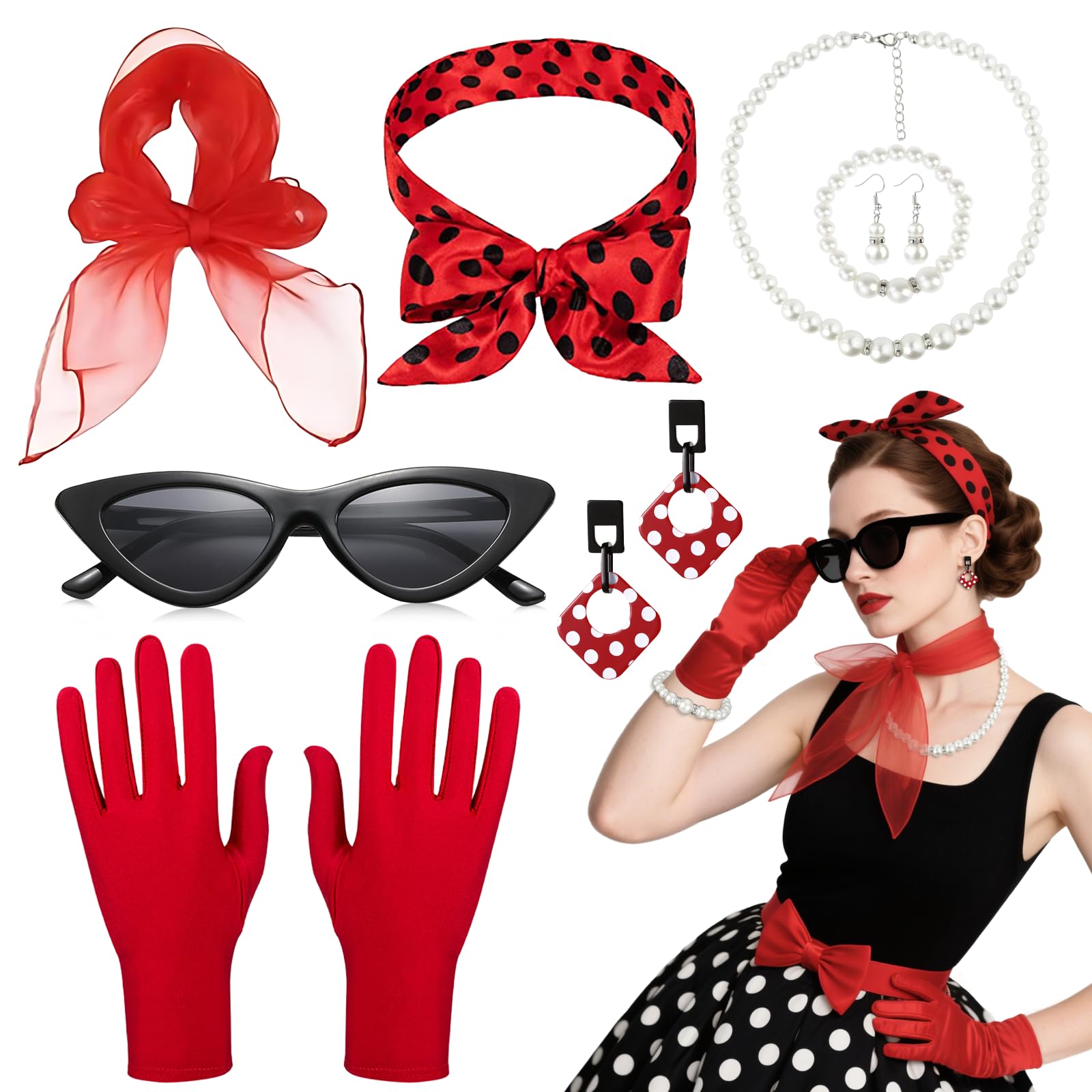 8 Pcs 50s Costume Accessories Set for Women, Retro 1950s Grease Fancy Dress with Cat Eye Glasses Polka Dot Bandana Tie Headband Earrings Necklace Gloves Bracelet for Ladies 50s Theme Party Supplies