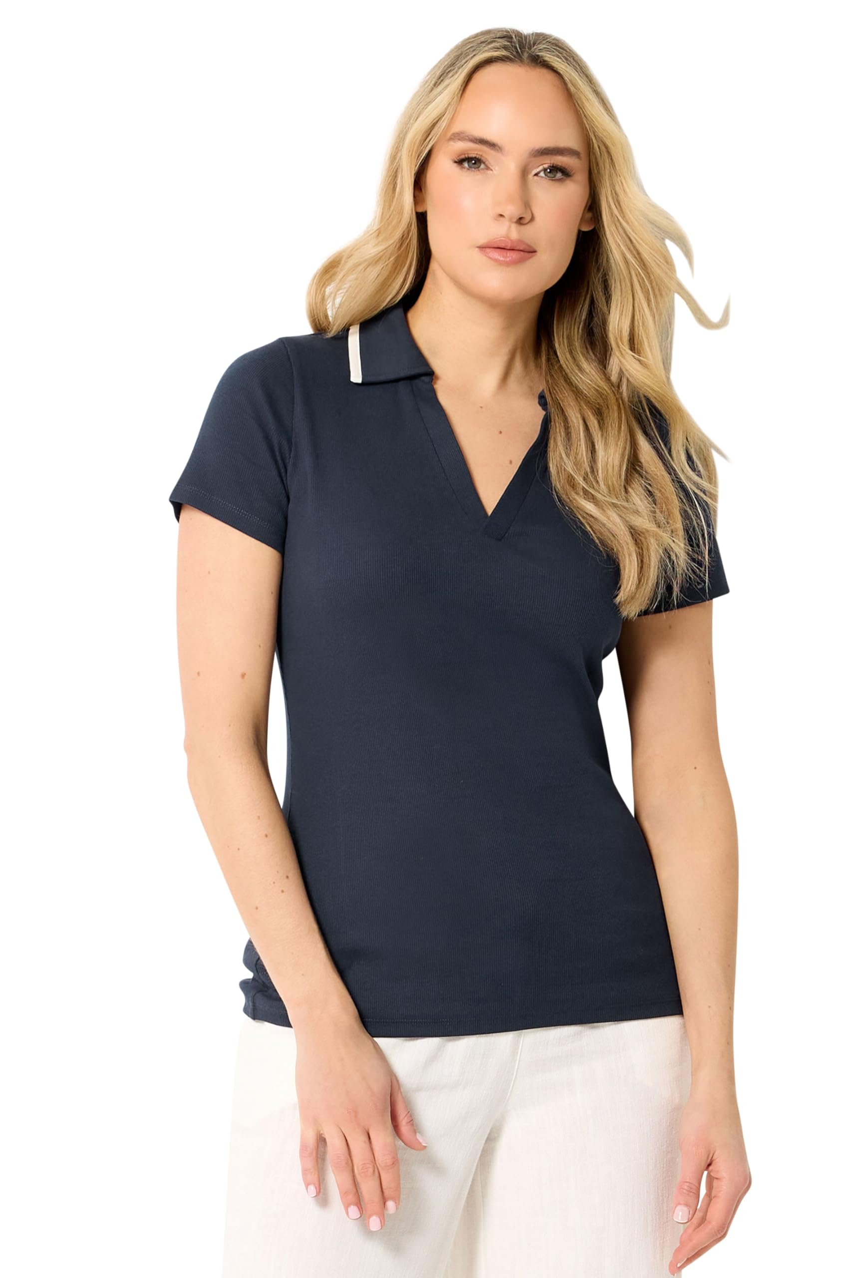 Long Tall Sally Women's Tall Contrast Collar Polo Top in Dark Navy | Size: 22-24