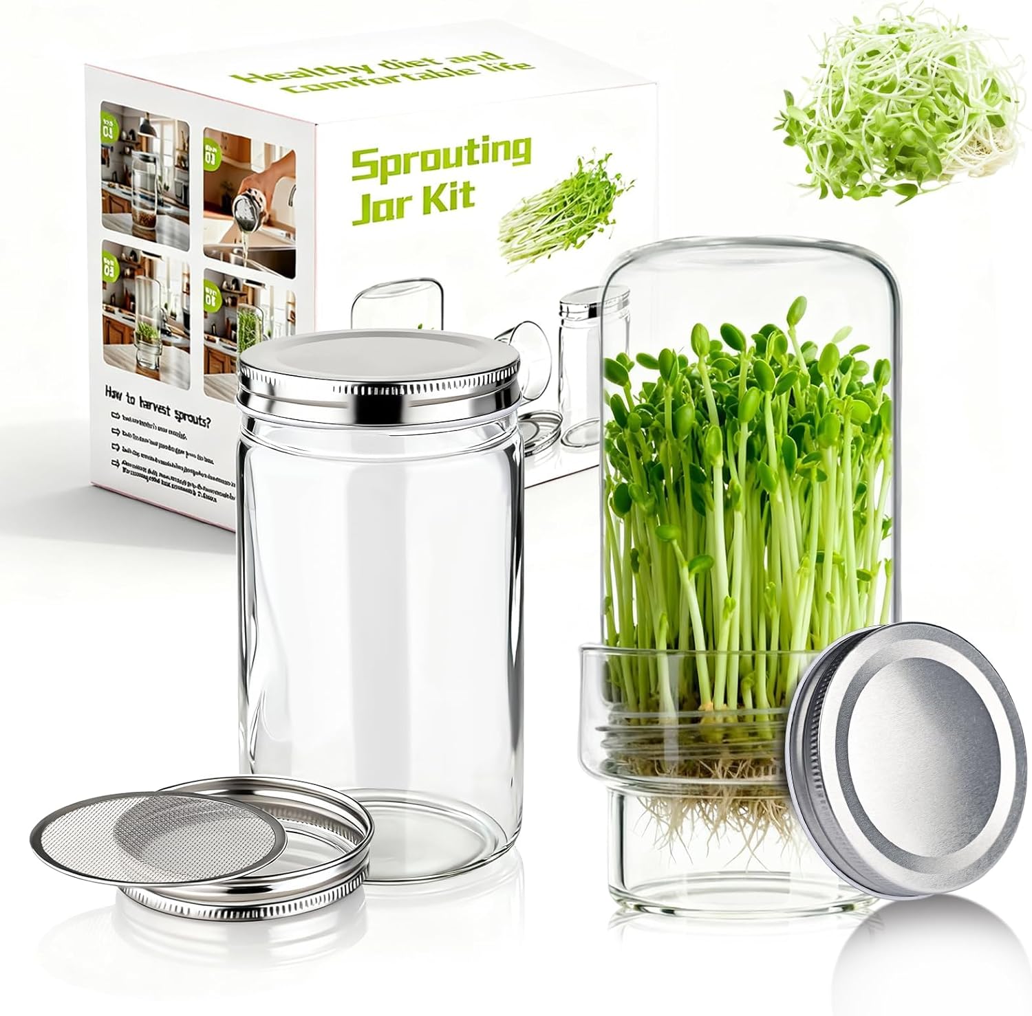 Updated Sprouting Kit - 2 Sprouting Jar Kits, Wide Mouth Quart Mason Jars | Broccoli, Microgreens, Alfalfa Sprout Jar | Perfect for Home Gardeners, Health Enthusiasts & Vegan Diets
