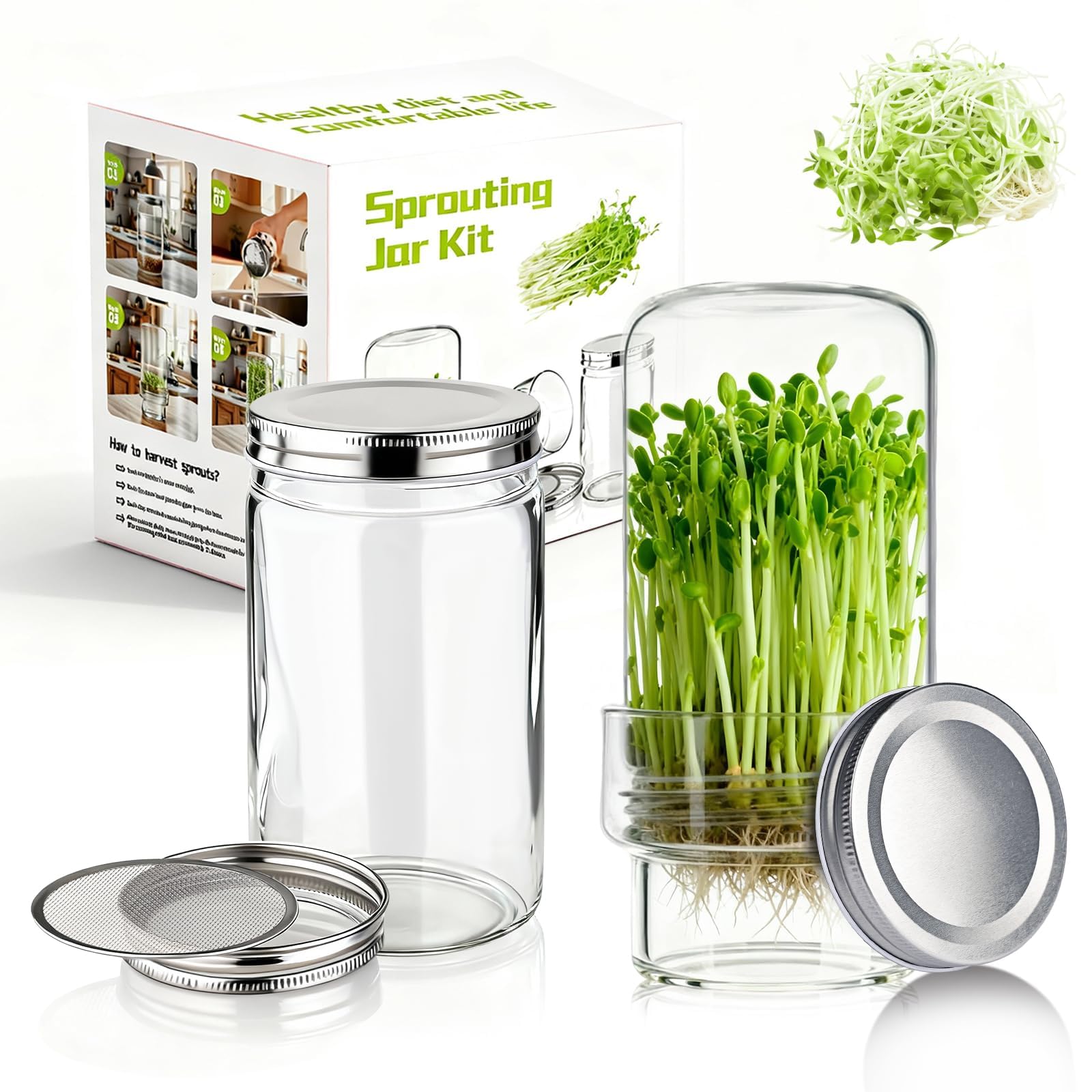 Elitrivox Updated Sprouting Kit - 2 Sprouting Jar Kits, Wide Mouth Quart Mason Jars | Broccoli, Microgreens, Alfalfa Sprout Jar | Perfect for Home Gardeners, Health Enthusiasts & Vegan Diets