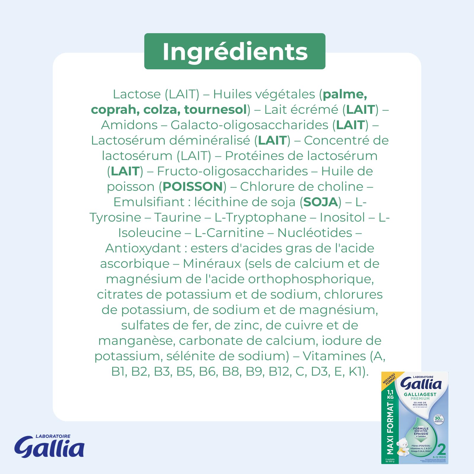 Laboratoire Gallia - Galliagest Premium 2ème Âge - Lait en Poudre pour Bébe - Enrichi en Fibres, Vitamines A, C, D & Oméga 3 - Pour Bébe de 6 Mois à 12 Mois - Maxi Format 1,1kg (Lot de 3)