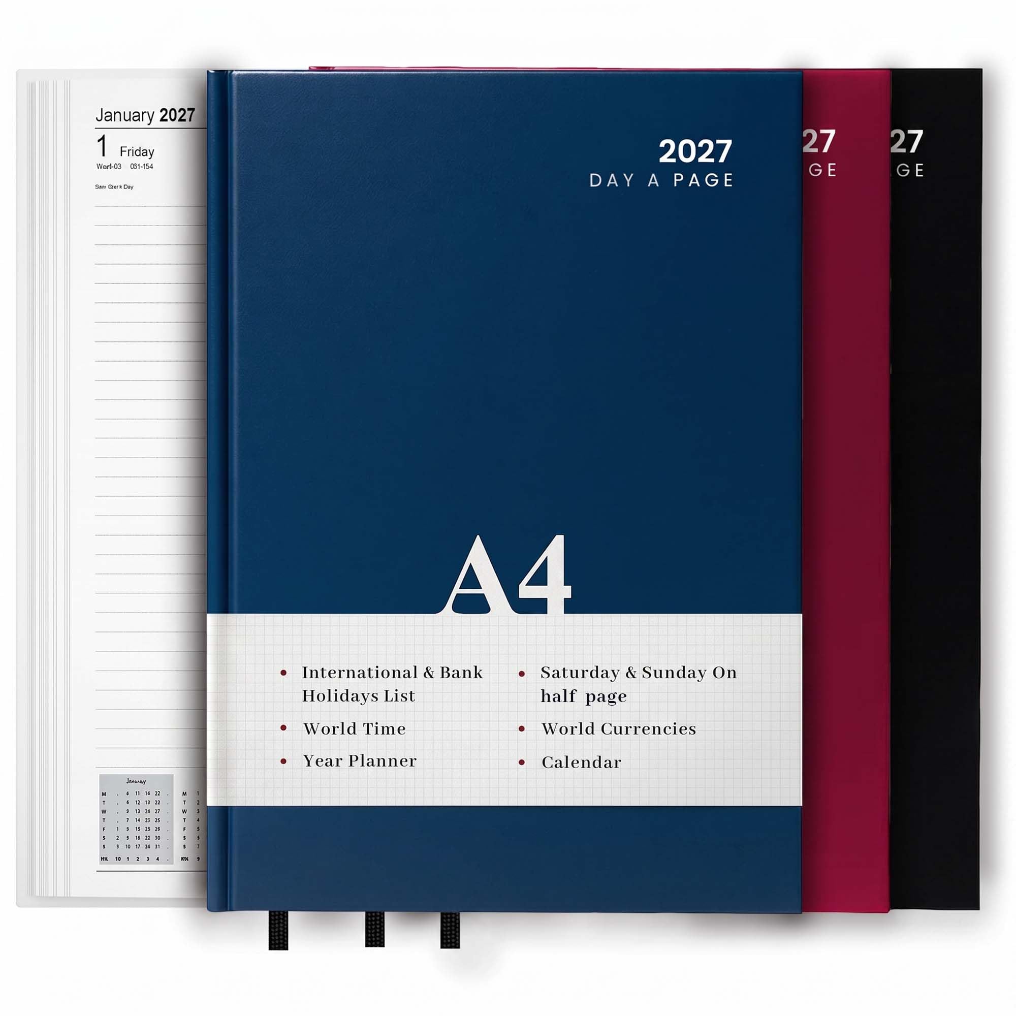 2027 Diary A4 | A5 Day a Page | Week to View Hard Backed Casebound Desk Diary with Ribbon Marker for Business, Office & Personal Use (Blue, A4 Day A Page)