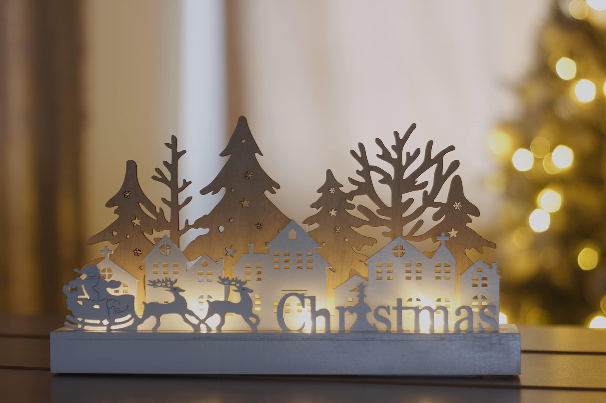 Interiors Christmas LED Scene Ornament Santa Sleigh White Wooden Light Up Home Decor Xmas