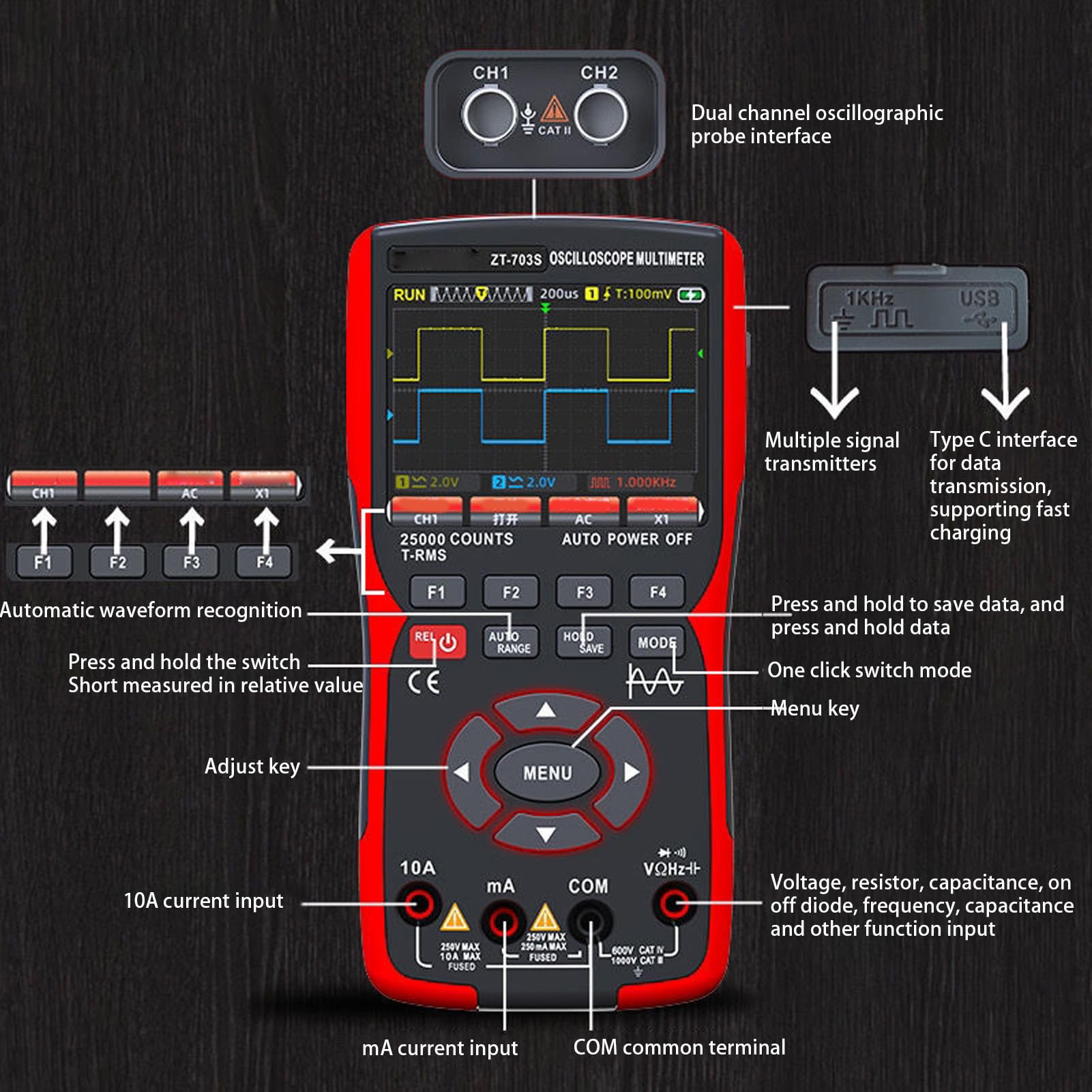 Digitales Oszilloskop-Multimeter, Farbbildschirm, 25.000 Zählungen, Zwei Kanäle, 50 MHz, Tragbarer Multifunktionstester, Tragbares Oszilloskop ZT-703S für Elektroniklabor