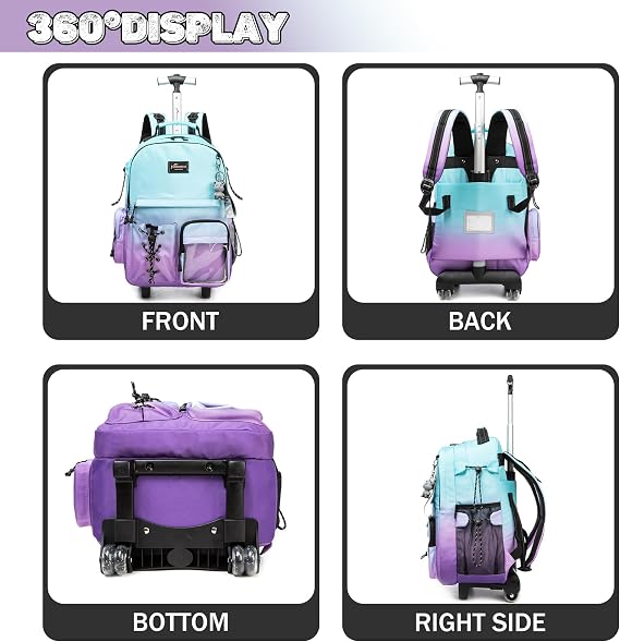 Rolling Backpack for Girls Backpack with Wheels for Teens Boys Kids Rolling Backpacks for Travel School Backpacks with Wheels for Teens with Lunch Box
