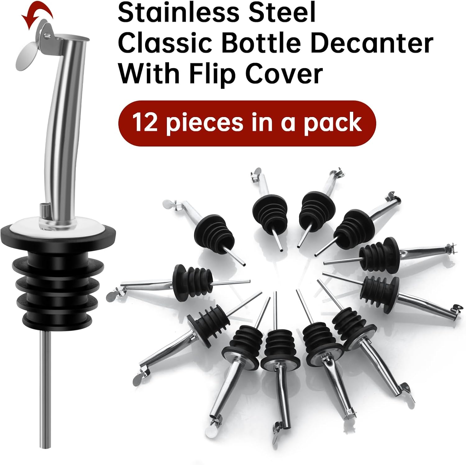 12Pcs Liquor Pour Spouts,Stainless Steel Wine Bottle Pourers with Caps Speed Wine Bottle Pourer Wine Bottle Pourers With Stoppers Speed Bottle Pourer for Liquor Bottle,Oil Bottles (Automatic Cover)