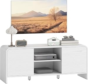 HOMCOM TV Stand for up to 55 Inch TV, Modern Nordic Entertainment Center with 2 Cabinets and 2 Open Shelves, Media Console with Rounded Corners for Living Room, White