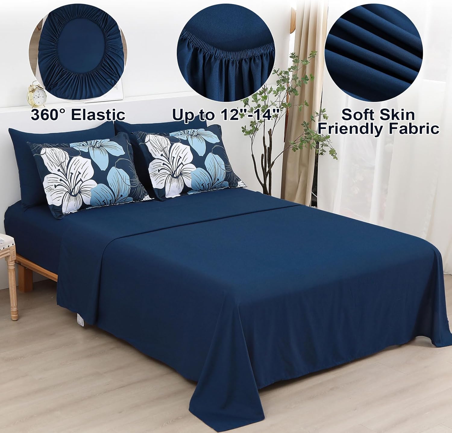 Luxudecor Navy Blue Comforter Set King Size, 7 Pieces Bed in a Bag Navy Blue Floral Comforter and Sheet Set, Soft Microfiber Complete Bedding Sets for All Seasons - Image 6