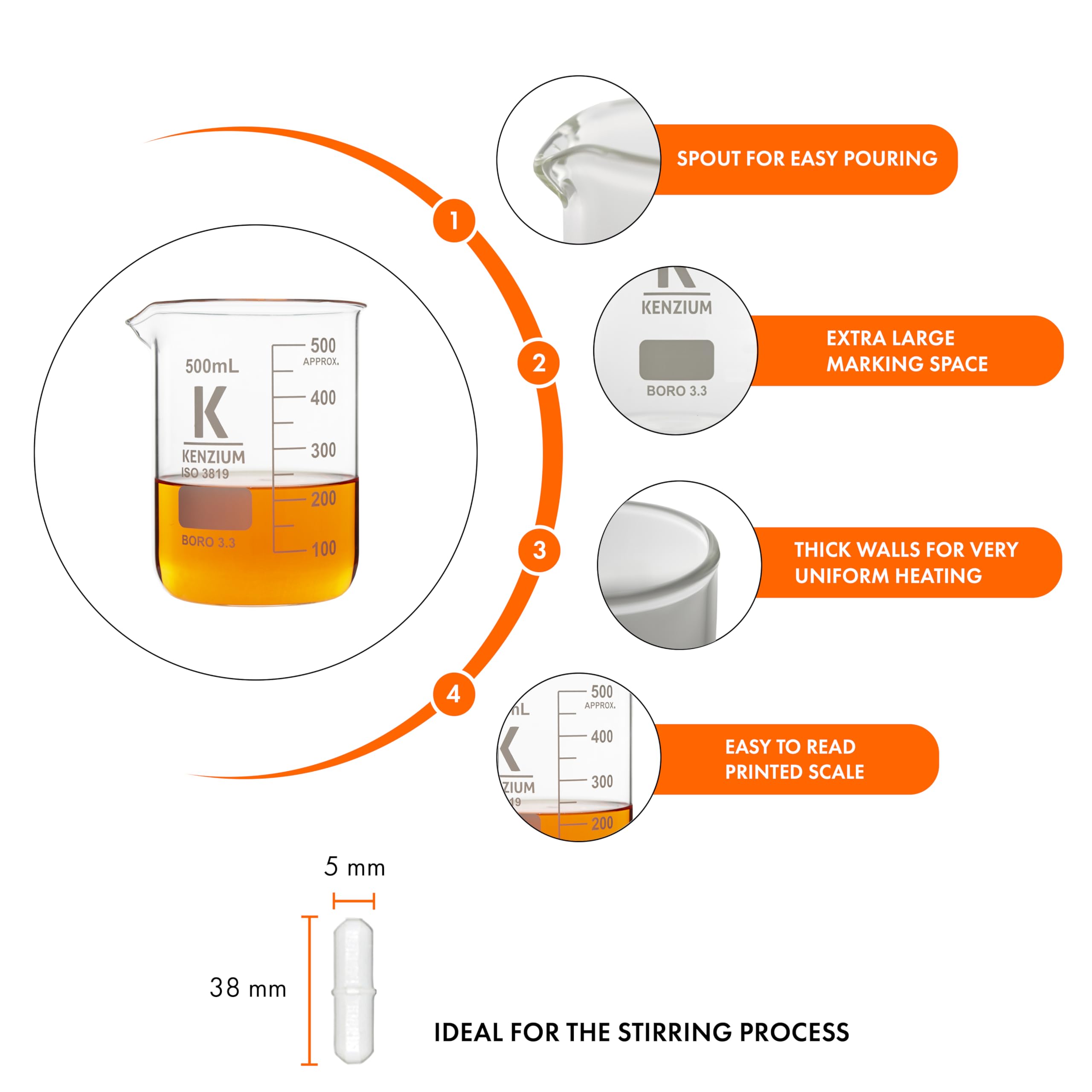 KENZIUM - Pack 5 x Vasos de Precipitados + 1 Varilla Magnética | 50, 100, 250, 500 y 1000 ml | Vidrio Borosilicato 3.3 | Forma Baja | Graduados, Con Boquilla | Alta Resistencia, Autoclavables