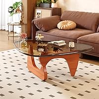 Vista 11 de Mesa de centro para sala de estar, mesa central moderna de mediados de siglo con tapa de vidrio y madera, transparente/nogal