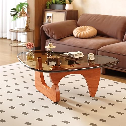 Miniatura 10 de Mesa de café para sala de estar, mesa central moderna de mediados de siglo con tapa de vidrio y madera, marrón/nogal marrón,