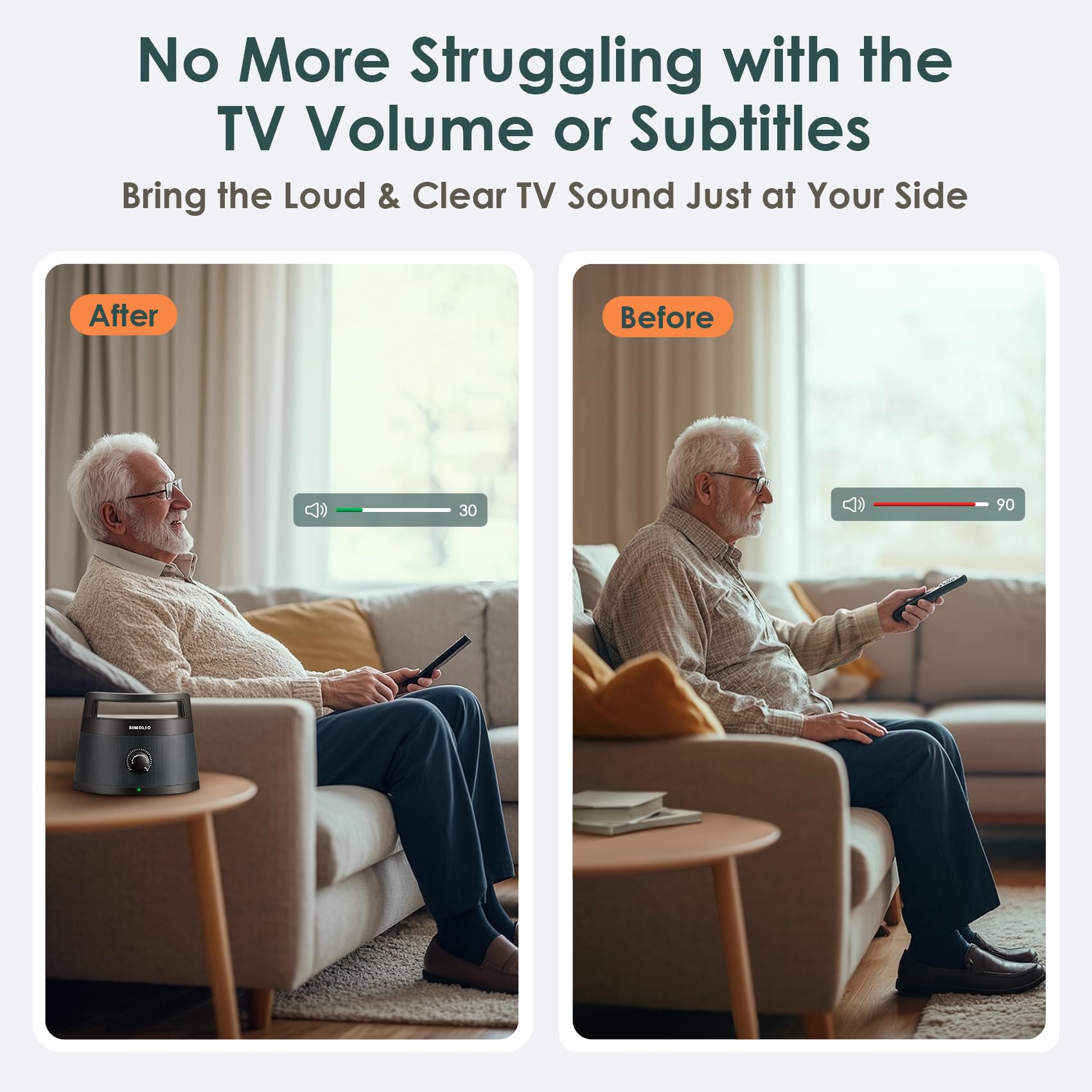 SIMOLIO Enceintes TV sans Fil Seniors Malentendants Bluetooth Haut-parleurs 3 Modes Égalisation Améliorateur Dialogue 164 Pieds