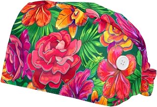 Leaves and Roses 2 Pack Adjustable Working Cap with Buttons Elastic Bouffant Hats Head Scarf with Sweatband for Women Men