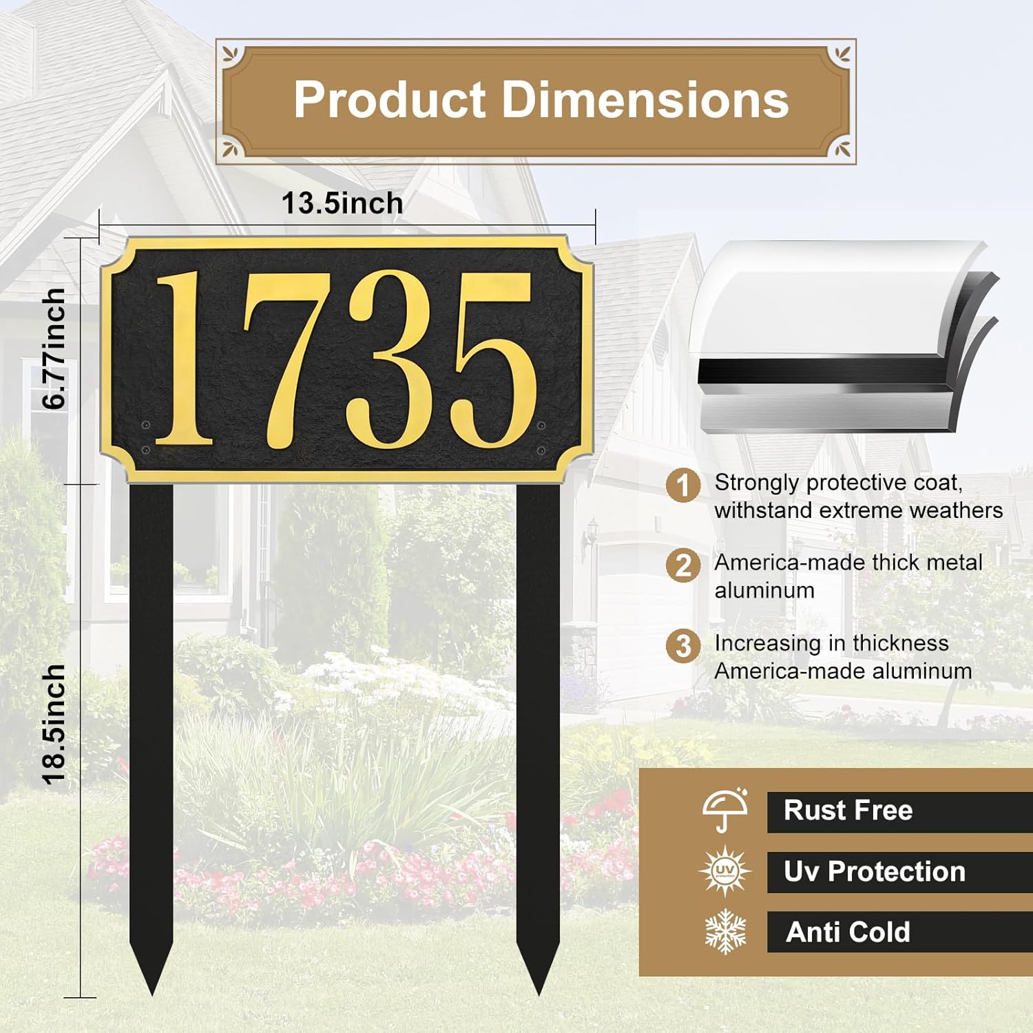 Personalized Address Plaque In Ground,Hand-Carved Address sign Lawn Mounted,House Numbers for Outside House,Lawn,Driveway - Heavy Duty Cast Metal & Large with Two Stakes 12'' x 5.9''