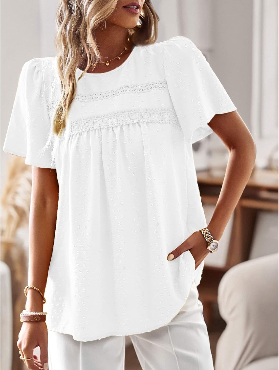 YNIQUE Womens Summer Tops Crewneck Short Sleeve T Shirts Casual Chiffon Blouses Flowy Lace Hem Trendy 2025 - Image 2