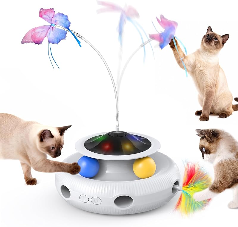 Pawtners Cat Toys, Automatic Interactive Kitten Toys for Indoor Cats, White | Fluttering Butterfly, Moving Feather, Track Balls and USB Rechargeable Powered Smart Indoor Exercise Kicker