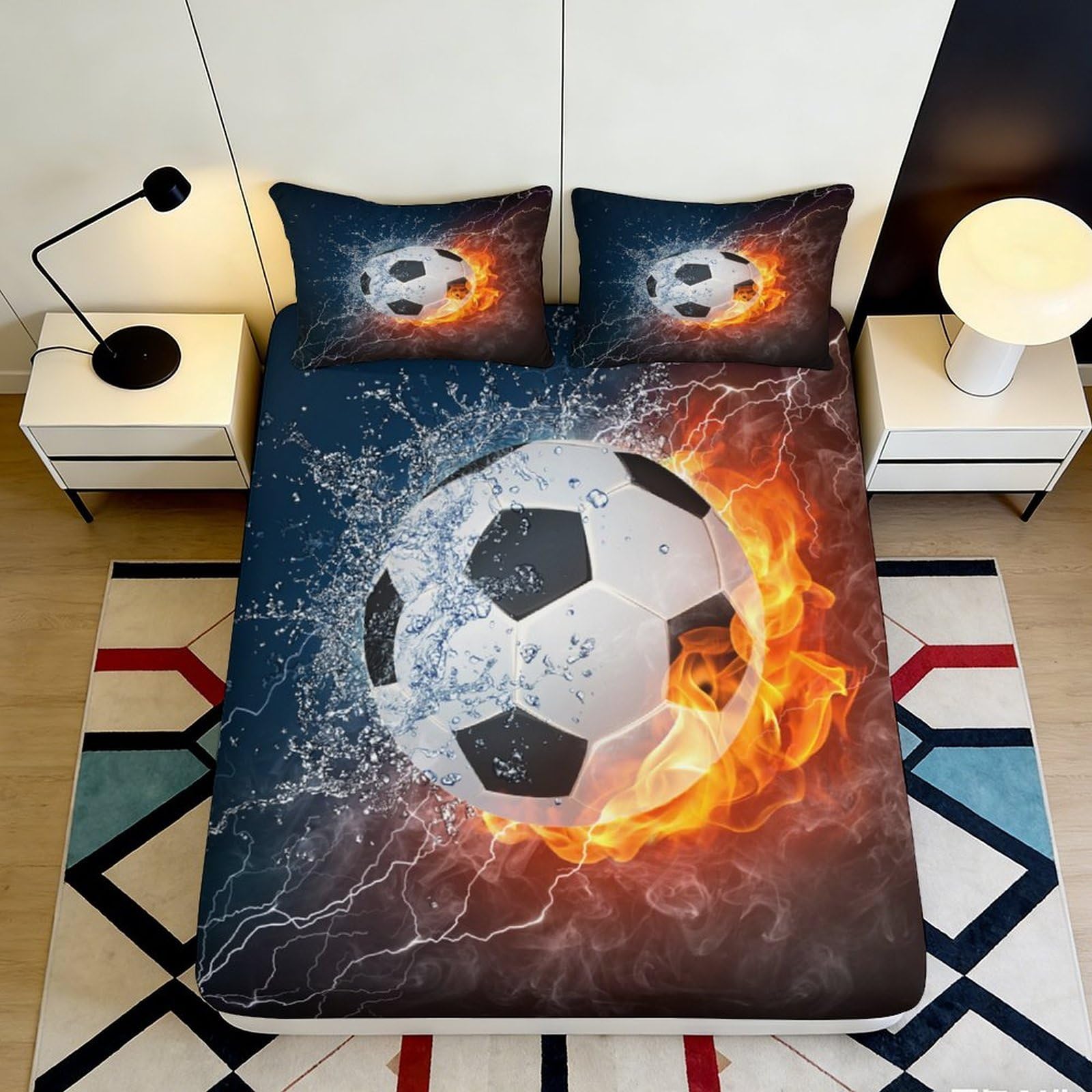 3D Printed Fire Soccer Fitted Sheet Microfiber Water Splash Bed Cover for Bedroom Dorm Mattress Protection Decor 120x200x25cm