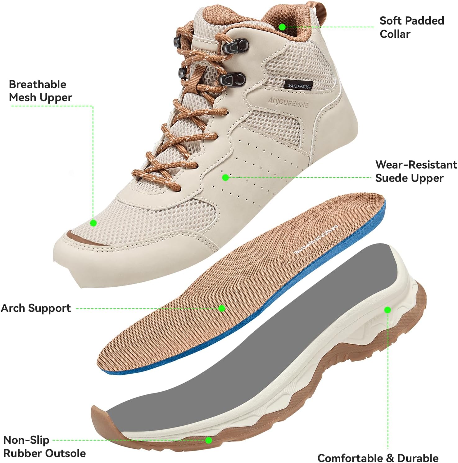 ANJOUFEMME Womens Waterproof Hiking Boots Lightweight Non-Slip Outdoor Boots for Trekking Backpacking and Camping