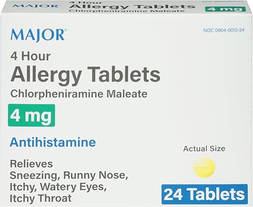 MAJOR Tabletas para alergias de 4 horas  Clorfeniramina Maleato 4 mg  Antihistamínico  24 unidades (1 paquete)