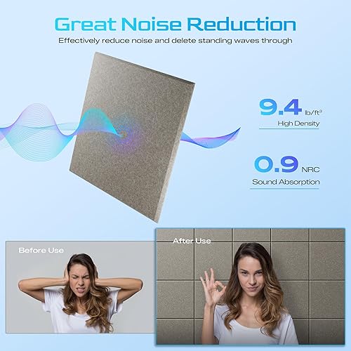 Miniatura 3 de Paquete de 12 paneles acústicos autoadhesivos, paneles de espuma de alta densidad a prueba de sonido de 12 x 12 x 0.4 pulgadas para paredes, paneles